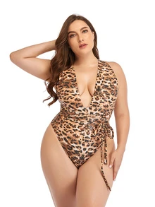 Plus Leopard Plunge Neck Knot Detail Sports One Piece Swimsuit - Brown - View 4