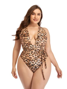 Plus Leopard Plunge Neck Knot Detail Sports One Piece Swimsuit - Brown - View 3