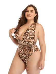 Plus Leopard Plunge Neck Knot Detail Sports One Piece Swimsuit - Brown - View 1