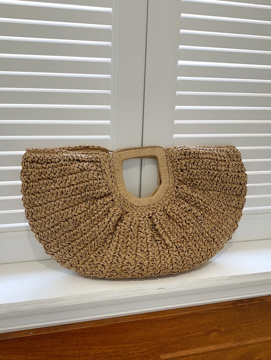 卡其色大容量編織草編包合適適用於度假 - 卡其色 - 查看 1