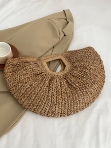 卡其色大容量編織草編包合適適用於度假 - 卡其色 - 查看 9