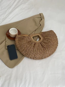 卡其色大容量編織草編包合適適用於度假 - 卡其色 - 查看 10