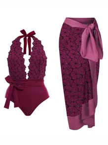 印花吊脖連體泳衣附沙灘裙 - 中紫紅色 - 查看 1