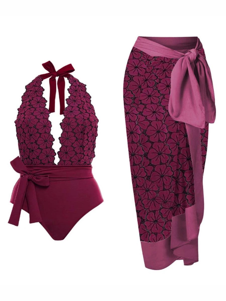 印花吊脖連體泳衣附沙灘裙 - 中紫紅色 - 查看 1