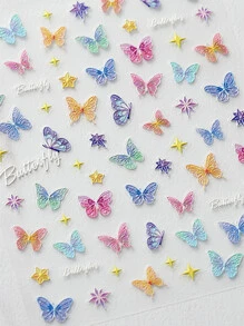 1 張最甜美色調粉彩舞動蝴蝶粘性美甲貼紙，5D 浮雕生動激光鐳射貼花 Diy 美甲裝飾品 - 彩色 - 查看 2
