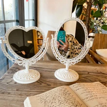 1入組經典雙面化妝鏡臥室桌面心形可愛公主鏡