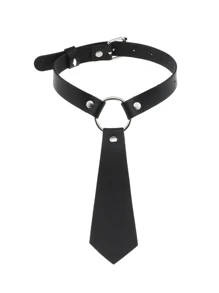 哥德式pu皮革蝴蝶結領帶頸圈項鍊,女士鏈剪頸圈項鍊,男士新款珠寶首飾 - 黑色 - 查看 1