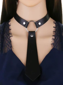 哥德式pu皮革蝴蝶結領帶頸圈項鍊,女士鏈剪頸圈項鍊,男士新款珠寶首飾 - 黑色 - 查看 2