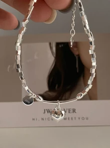 BALMORA 1入組極簡基本款S925純銀幾何方形心形手環帶鏈子適合女士,日常穿著禮品 - 銀色 - 查看 3