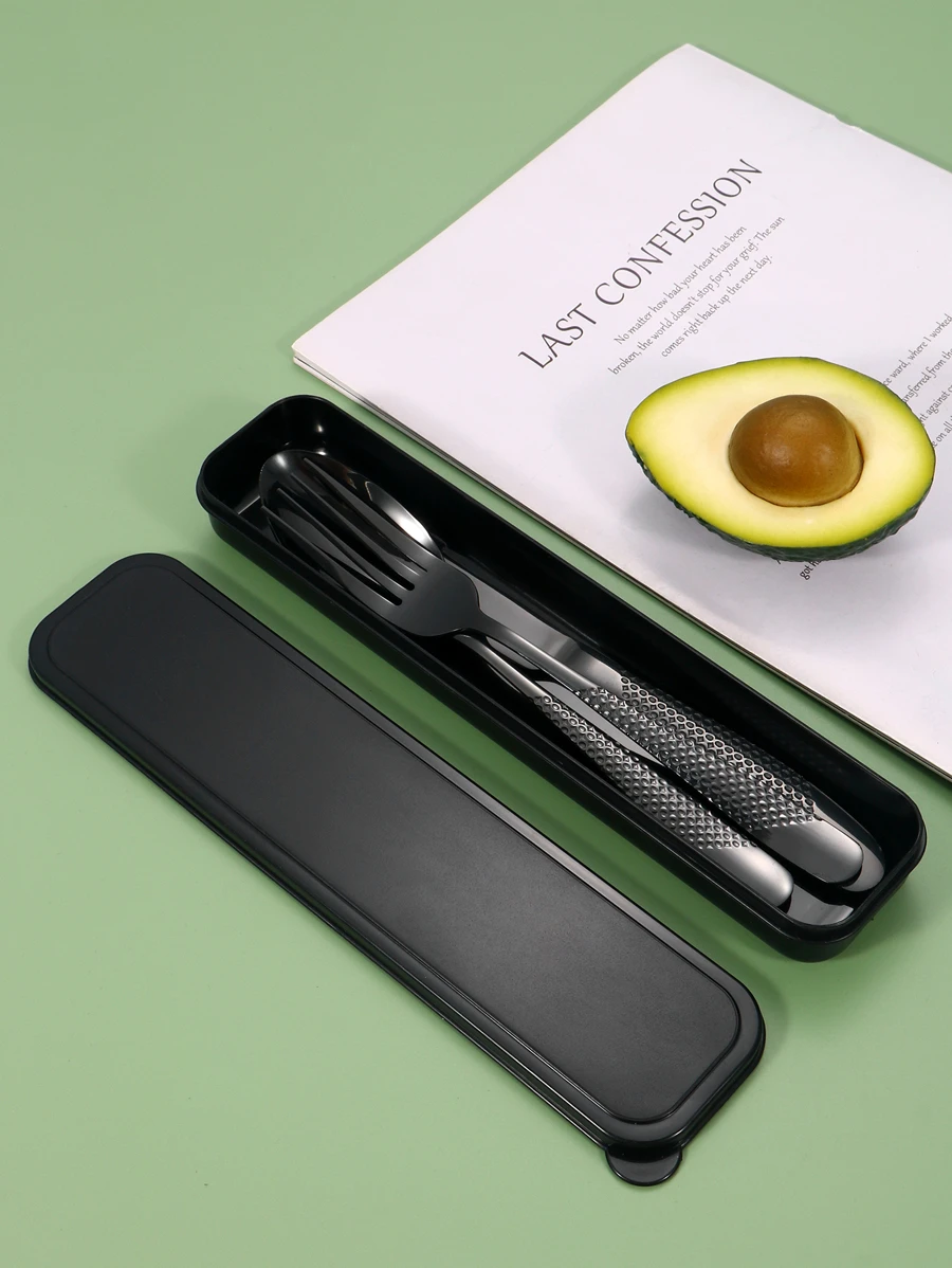 1 set de cubiertos de acero inoxidable con estuche, para cocina, regalo de Navidad, útiles escolares - Negro - Ver 1