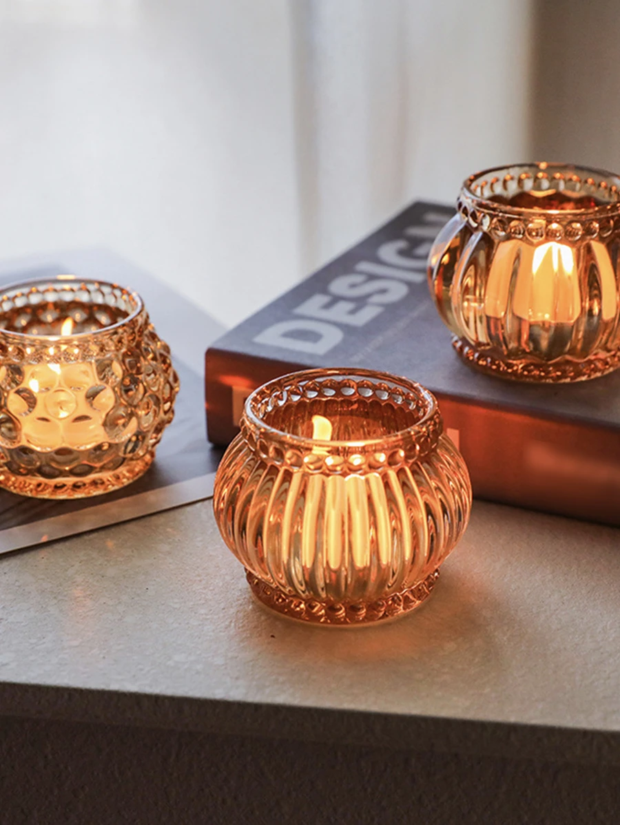 玻璃燭台，非常適合浪漫晚餐、婚禮、酒店、餐廳、生日派對裝飾，帶無菸蠟燭杯，適合情人節 - 黃色 - 查看 1