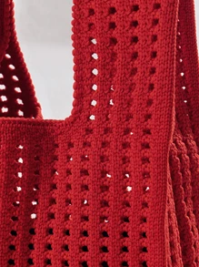 Mini Lightweight Foldable Simple Red Hollow Knitted Handbag For Vacation, Mother Day Gifts, Mom Gifts, Mommy's Essentials, Mommy Bag For Going Out, Hottest Beach Bags, Holiday - Red - View 6