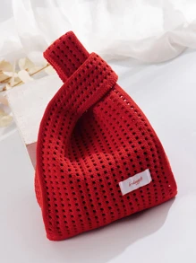 Mini Lightweight Foldable Simple Red Hollow Knitted Handbag For Vacation, Mother Day Gifts, Mom Gifts, Mommy's Essentials, Mommy Bag For Going Out, Hottest Beach Bags, Holiday - Red - View 2