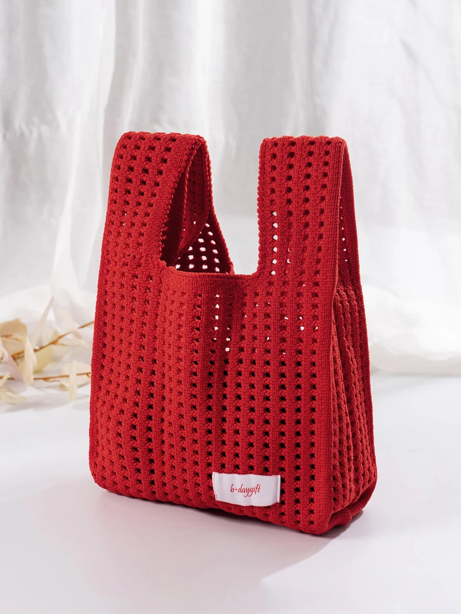 Mini Lightweight Foldable Simple Red Hollow Knitted Handbag For Vacation, Mother Day Gifts, Mom Gifts, Mommy's Essentials, Mommy Bag For Going Out, Hottest Beach Bags, Holiday - Red - View 1