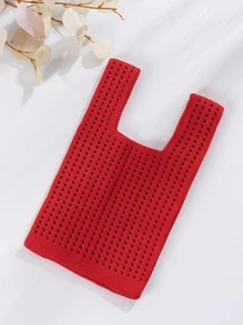 Mini Lightweight Foldable Simple Red Hollow Knitted Handbag For Vacation, Mother Day Gifts, Mom Gifts, Mommy's Essentials, Mommy Bag For Going Out, Hottest Beach Bags, Holiday - Red - View 3