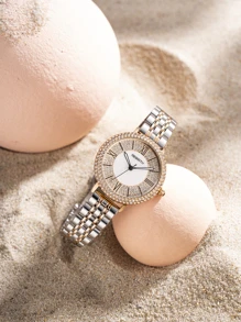 REBIRTH 女式銀色不銹鋼奢華水鑽裝飾圓形指針石英手錶適合日常生活 - 黑與白 - 查看 1