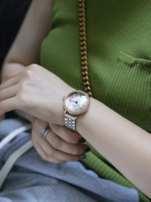 REBIRTH 女式銀色不銹鋼奢華水鑽裝飾圓形指針石英手錶適合日常生活 - 黑與白 - 查看 2