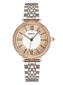 REBIRTH 女式銀色不銹鋼奢華水鑽裝飾圓形指針石英手錶適合日常生活 - 黑與白 - 查看 3