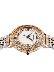 REBIRTH 女式銀色不銹鋼奢華水鑽裝飾圓形指針石英手錶適合日常生活 - 黑與白 - 查看 4