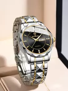 BINBOND Luxury Brand Fashion Men's Gold Watch Stainless Steel Quartz Watch Men's Business Date Week Display Rhinestone Watch Men's Night Light Clock - Black - View 2