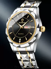 BINBOND Luxury Brand Fashion Men's Gold Watch Stainless Steel Quartz Watch Men's Business Date Week Display Rhinestone Watch Men's Night Light Clock - Black - View 3