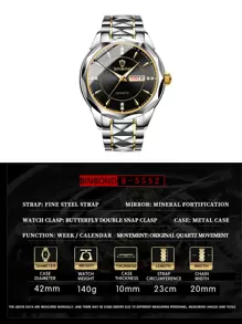 BINBOND Luxury Brand Fashion Men's Gold Watch Stainless Steel Quartz Watch Men's Business Date Week Display Rhinestone Watch Men's Night Light Clock - Black - View 5