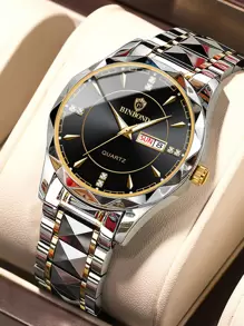 BINBOND Luxury Brand Fashion Men's Gold Watch Stainless Steel Quartz Watch Men's Business Date Week Display Rhinestone Watch Men's Night Light Clock - Black - View 1