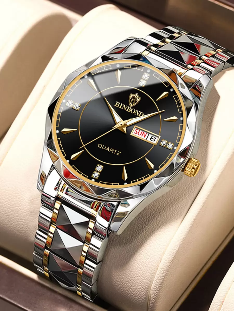BINBOND Luxury Brand Fashion Men's Gold Watch Stainless Steel Quartz Watch Men's Business Date Week Display Rhinestone Watch Men's Night Light Clock - Black - View 1