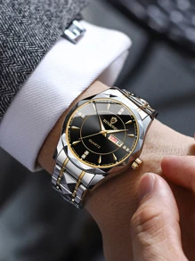 BINBOND Luxury Brand Fashion Men's Gold Watch Stainless Steel Quartz Watch Men's Business Date Week Display Rhinestone Watch Men's Night Light Clock - Black - View 7