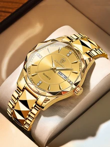 BINBOND奢侈品牌时尚男士金表不锈钢石英表男士商务日期星期显示水钻手表男士夜灯钟