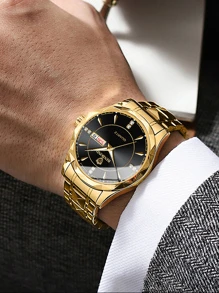 BINBOND Luxury Brand Fashion Men's Gold Watch Stainless Steel Quartz Watch Men's Business Date Week Display Rhinestone Watch Men's Night Light Clock - Black - View 3