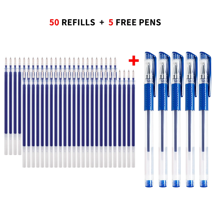 50支0.5毫米黑色圓珠筆筆芯和5支中性按壓式水性簽字筆，辦公和學生文具用品 - 藍色 - 查看 1
