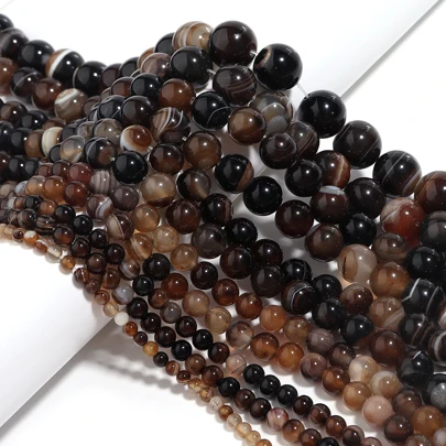 1 String Brown Natural Agate Loose Beads, Gemstone Round Beads, Natural Stone Beads, Striped, Suitable For Jewelry Making, DIY Bracelets & Necklaces, Size: 4/6/8/10/12mm