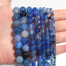 1 chuỗi hạt đá mã não xanh tự nhiên, hạt đá quý tròn, hạt đá tự nhiên, có sọc, thích hợp để làm trang sức DIY vòng tay, dây chuyền, kích thước 4/6/8/10/12mm - Màu xanh bụi bặm - Xem 3