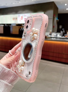 Rhinestone Decor Phone Case With Mirror - Baby Pink - View 5