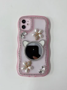 Rhinestone Decor Phone Case With Mirror - Baby Pink - View 2