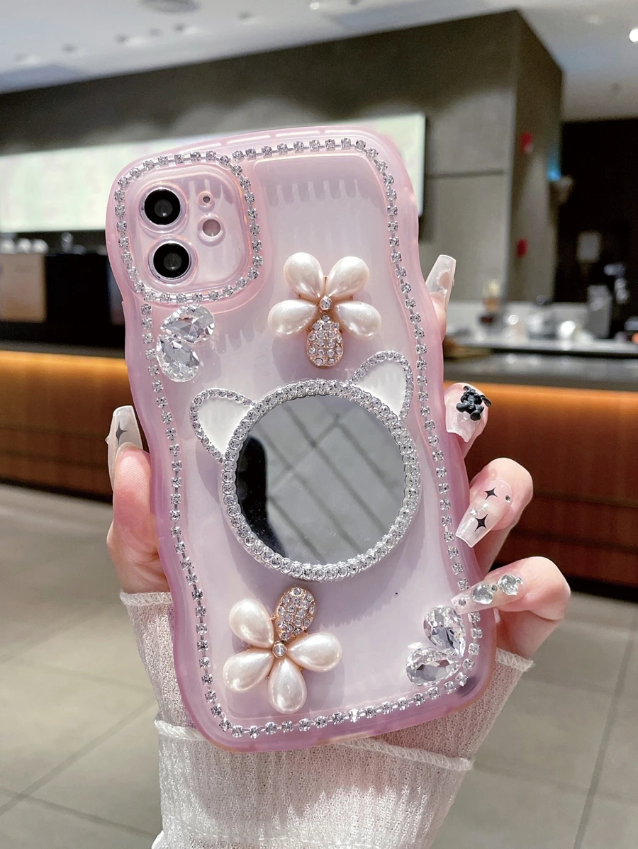 Rhinestone Decor Phone Case With Mirror - Baby Pink - View 1