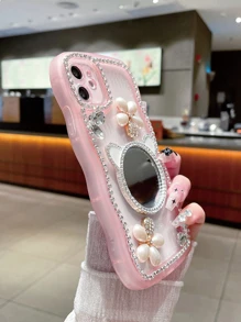 Rhinestone Decor Phone Case With Mirror - Baby Pink - View 4
