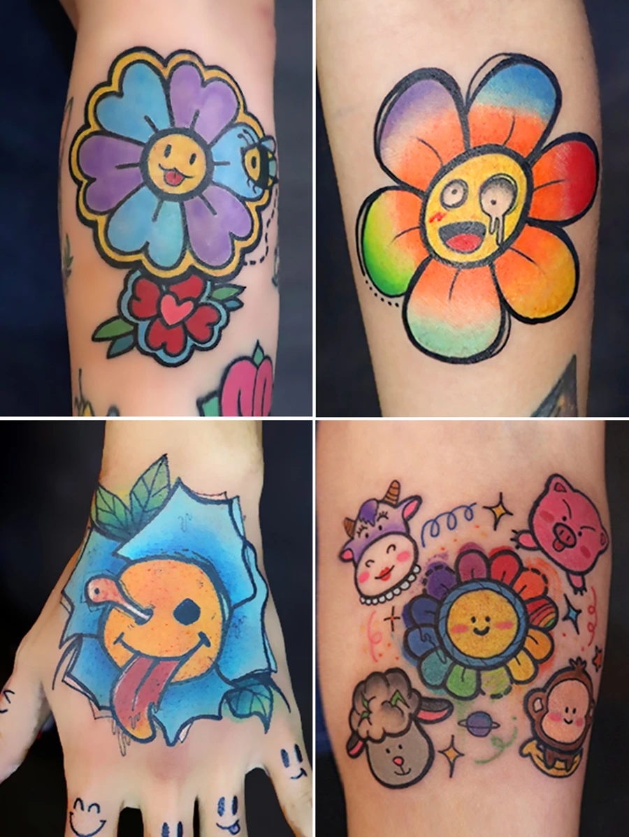 GIRL THRA 卡通花朵圖案臨時紋身貼彩色防水臨時紋身貼 - 彩色 - 查看 1