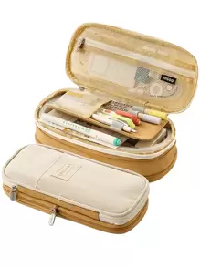 Estuche de lápices, organizador de lápices de gran capacidad, caja de bolígrafos, estuche de doble capa, organizador de escritorio expandible para la escuela, la oficina, el trabajo, vuelta al colegio, útiles escolares - Caqui - Ver 1