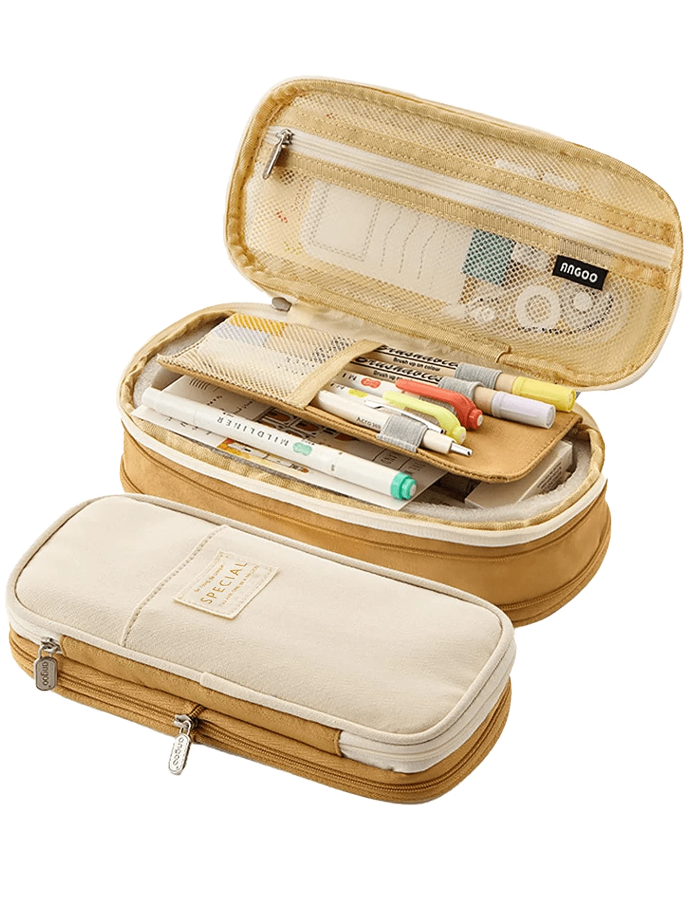 Estuche de lápices, organizador de lápices de gran capacidad, caja de bolígrafos, estuche de doble capa, organizador de escritorio expandible para la escuela, la oficina, el trabajo, vuelta al colegio, útiles escolares - Caqui - Ver 1