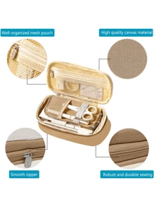 Estuche de lápices, organizador de lápices de gran capacidad, caja de bolígrafos, estuche de doble capa, organizador de escritorio expandible para la escuela, la oficina, el trabajo, vuelta al colegio, útiles escolares - Caqui - Ver 3