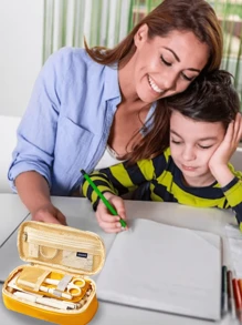 Estuche de lápices, organizador de lápices de gran capacidad, caja de bolígrafos, estuche de doble capa, organizador de escritorio expandible para la escuela, la oficina, el trabajo, vuelta al colegio, útiles escolares - Caqui - Ver 5