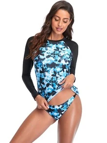 Khăn choàng cổ cao in hoa có tay dài đi biển mùa hè - Màu xanh nhạt - Xem 2