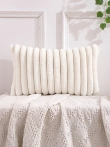 1pc Autumn And Winter Striped Faux Rabbit Fur Solid Color Pillowcase - Krem - View 6