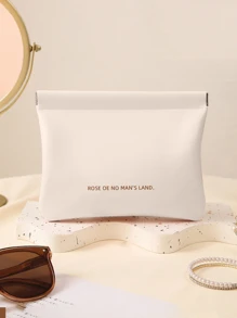 字母圖案PU化妝包，1入組皮革手提收納包便攜式旅行化妝包 - 白色 - 查看 1