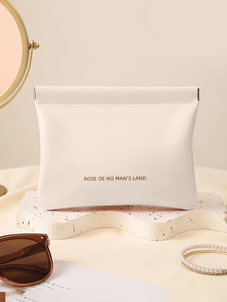 字母圖案PU化妝包，1入組皮革手提收納包便攜式旅行化妝包 - 白色 - 查看 1