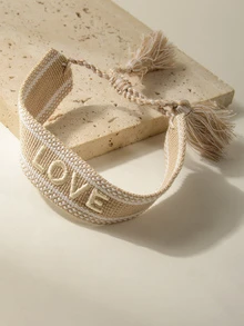 1 vòng tay dây trang trí tua thêu chữ cái - Màu Khaki - Xem 4