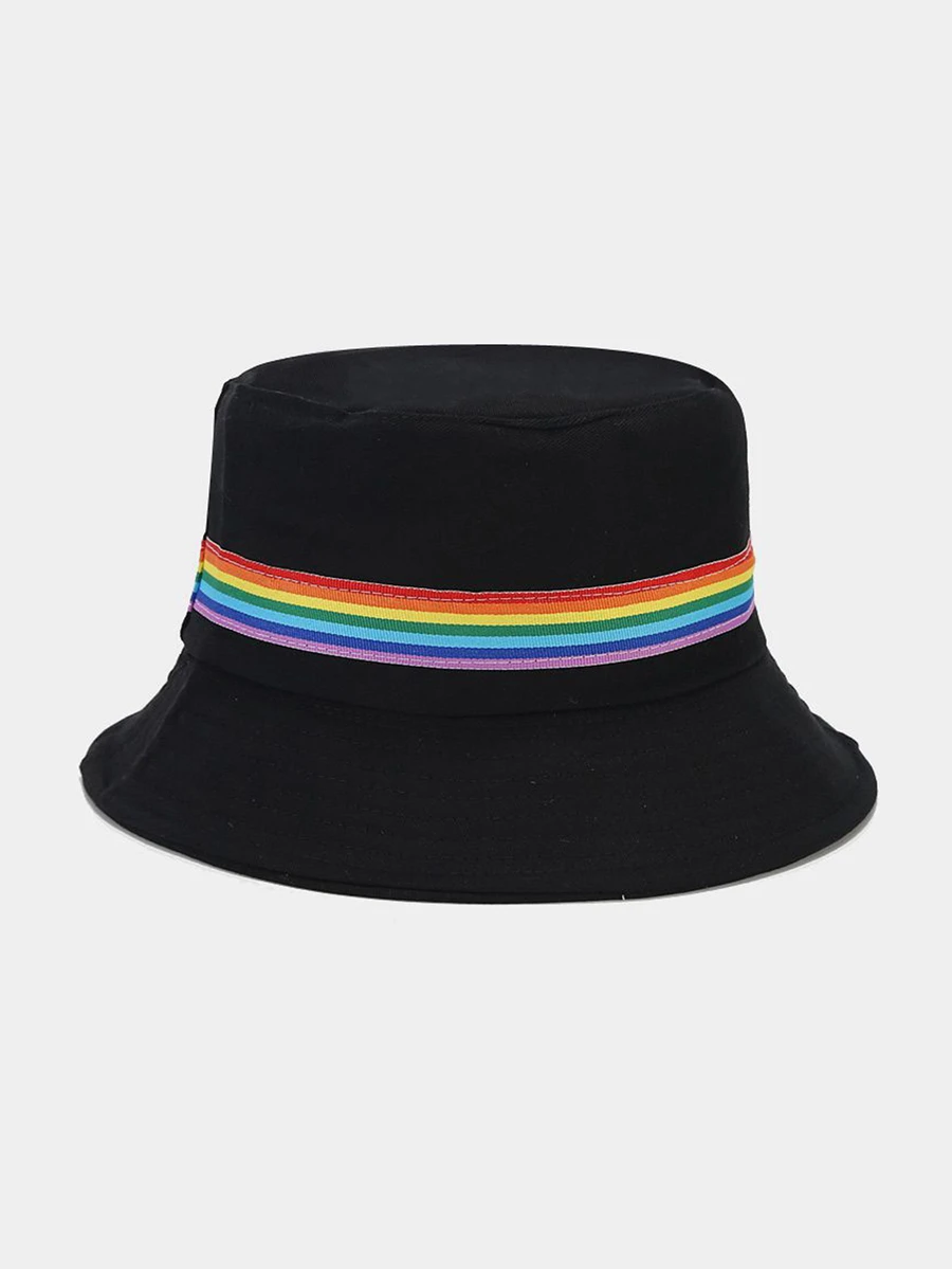1pc Unisex Rainbow Bucket Hat Double-Sided Bucket Hat Outdoor Beach Sun Protection Hat For Men Women - Black - View 1