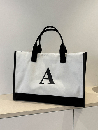 帆布手提包時尚帆布手提包字母印花便攜式沙灘肩購物休閒沙灘包大容量手提包書包適合畢業生、青少年女孩、新生、大二、初中和高中學生、大學和高中，非常適合戶外、旅行和返校